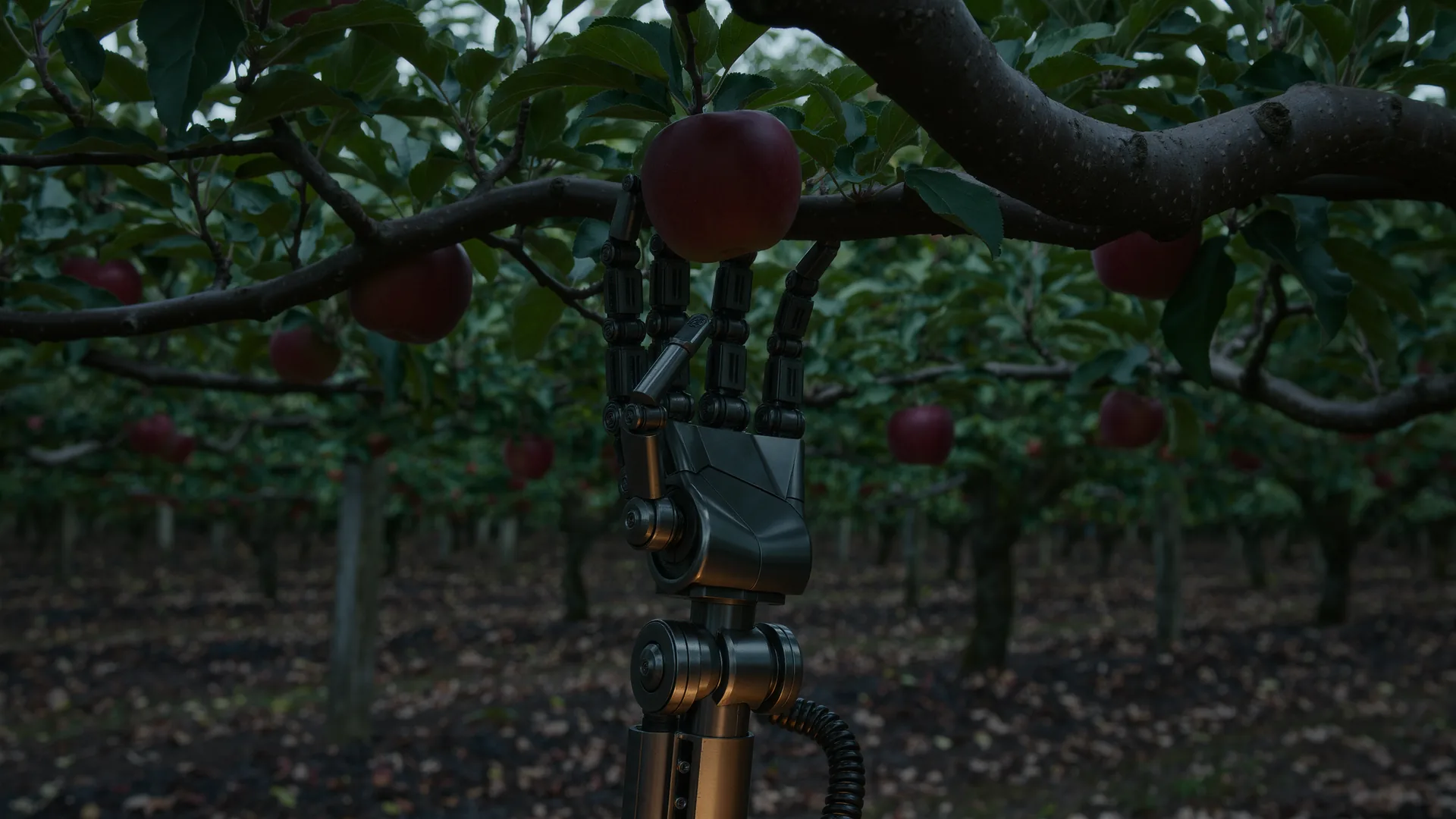 Robotic arm with a soft gripper reaching into an apple tree canopy