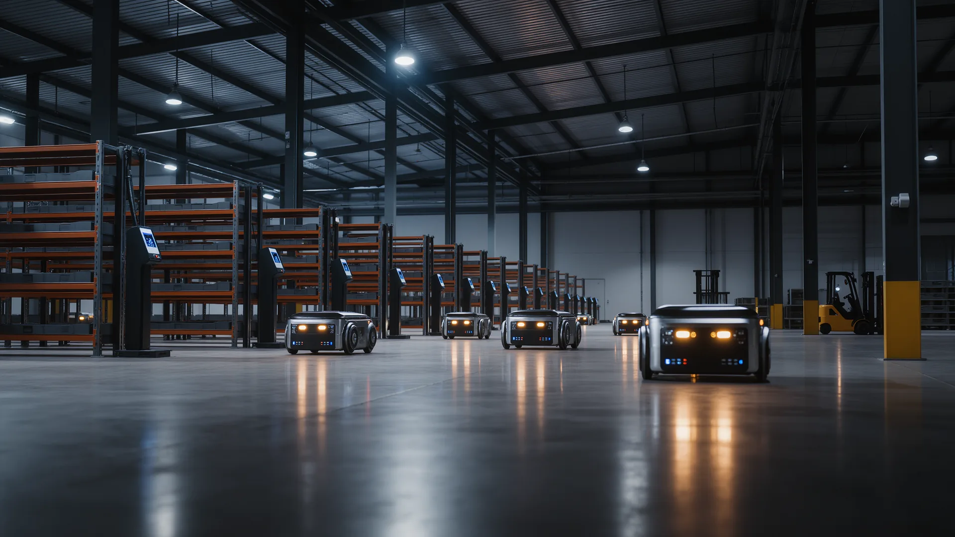 Several mobile robots moving shelf units across a warehouse floor