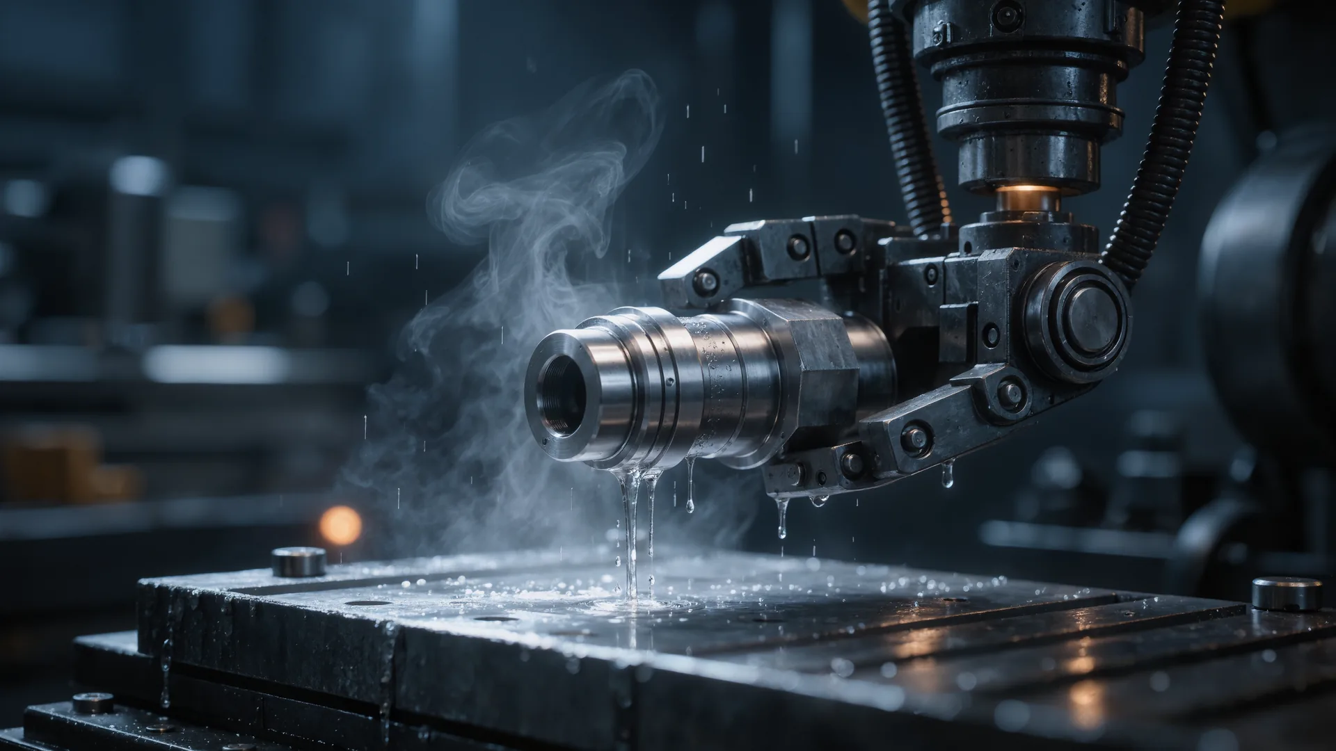 Industrial robot wrist and gripper holding a machined metal part above a machine table
