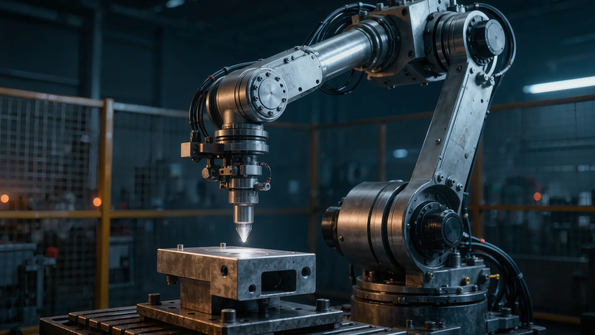 Six-axis industrial robot arm in motion inside a guarded manufacturing cell
