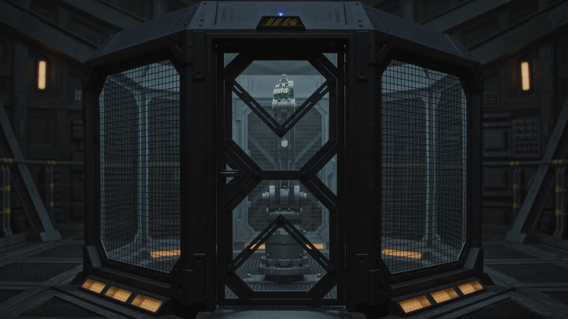 Robot cell perimeter with mesh fencing, interlocked door and warning beacon