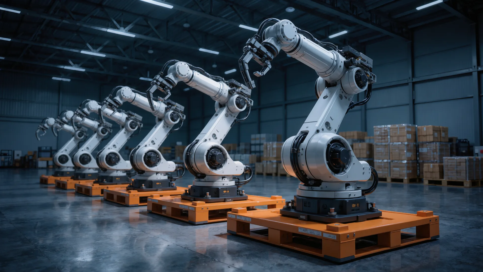 Row of new industrial robot arms in shipping cradles inside a warehouse