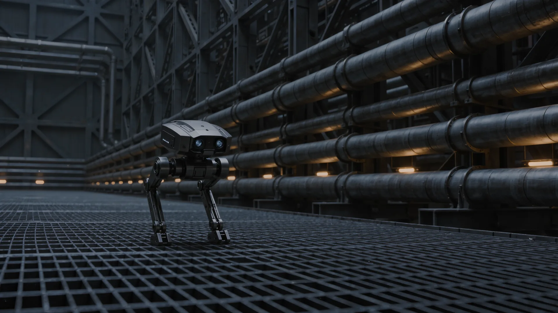 Quadruped inspection robot walking across steel grating in a process plant
