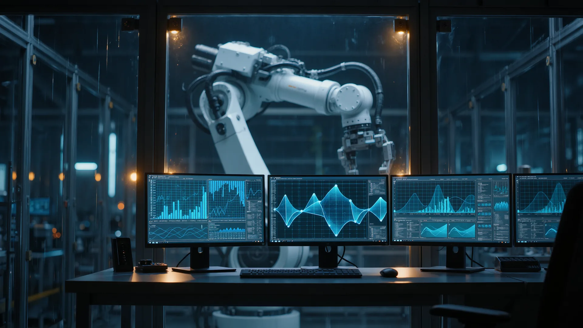 Engineering workstation in a robot cell with monitors showing motion data