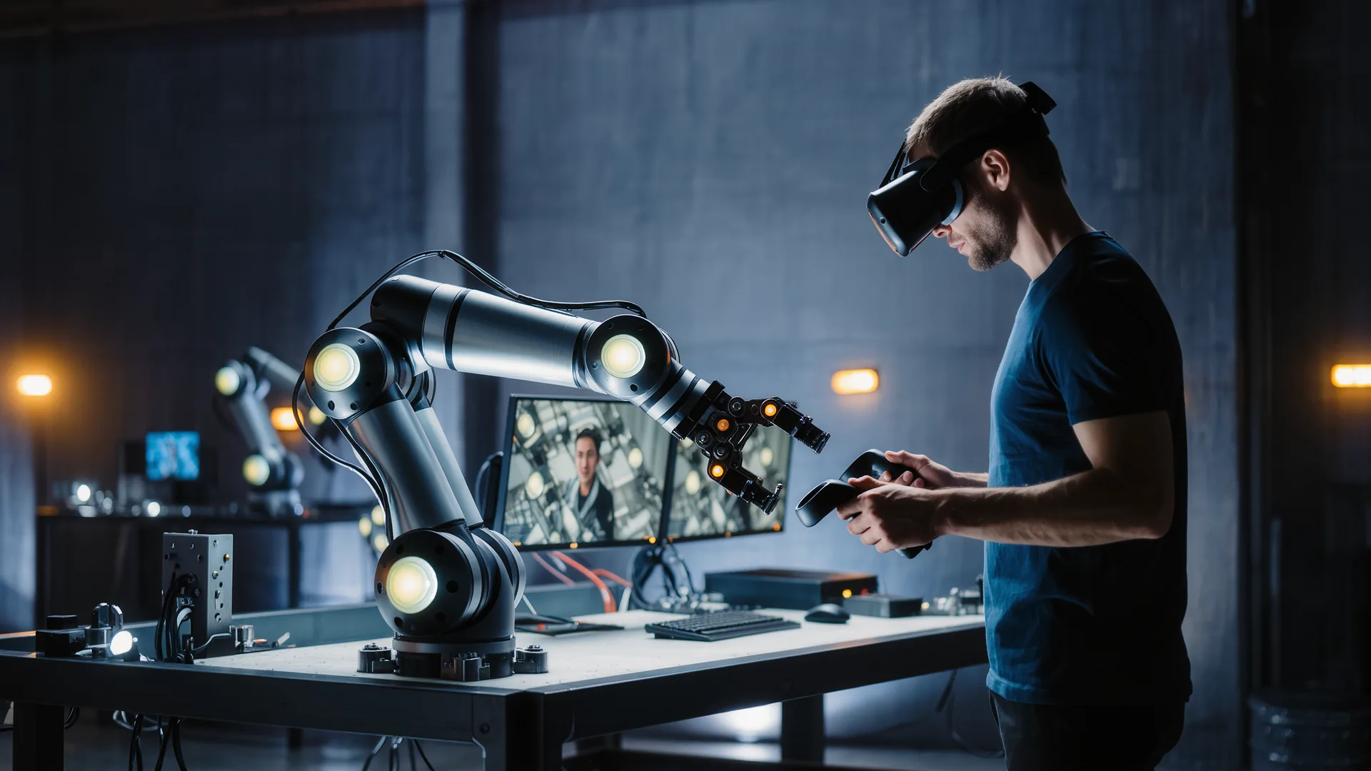 Operator in a virtual reality headset guiding a robot arm across a workbench