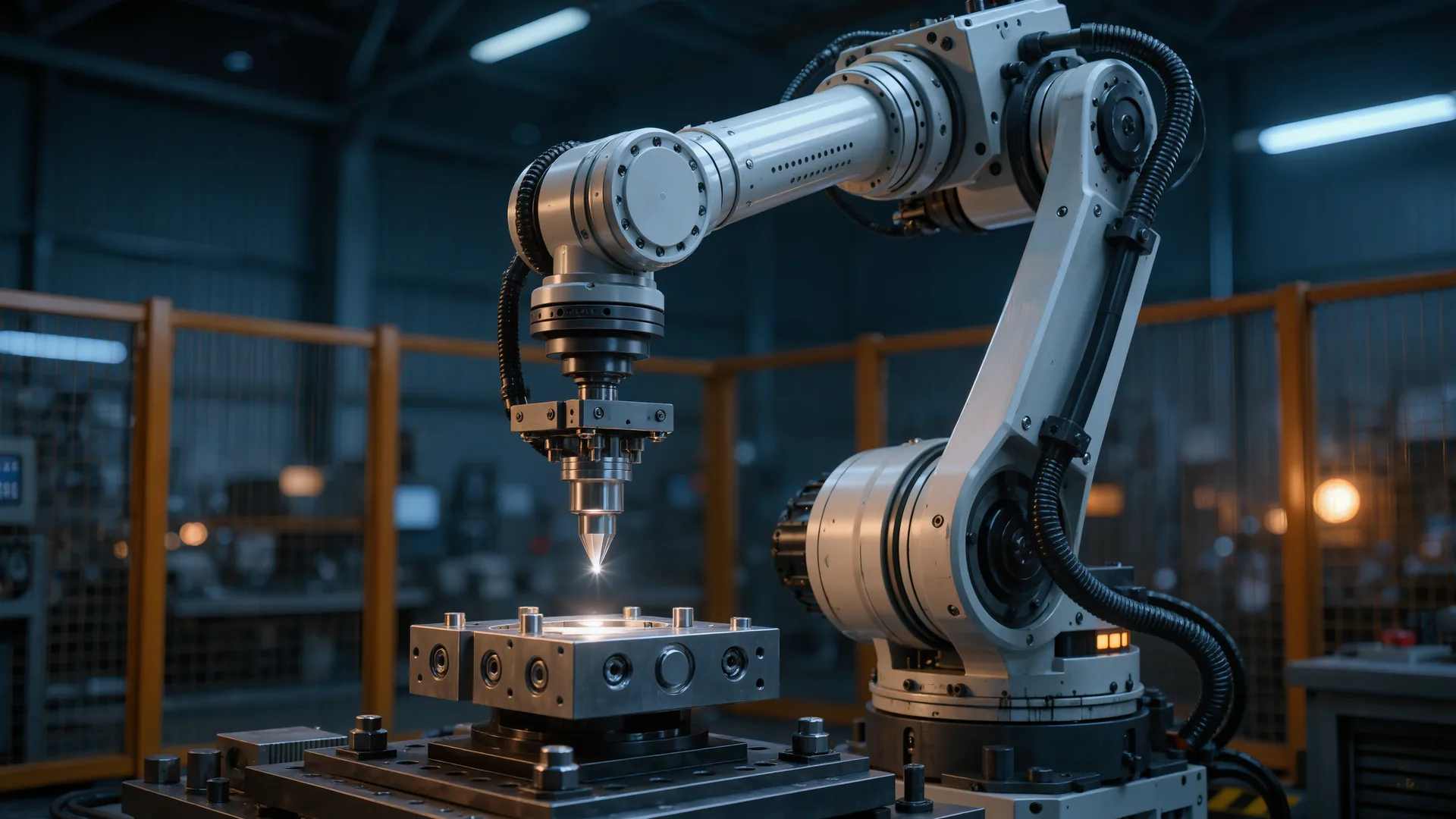 Six-axis industrial robot arm in motion inside a guarded manufacturing cell