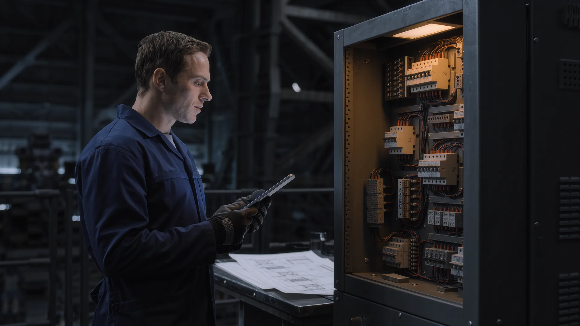 Engineer with a tablet inspecting a robot cell control cabinet