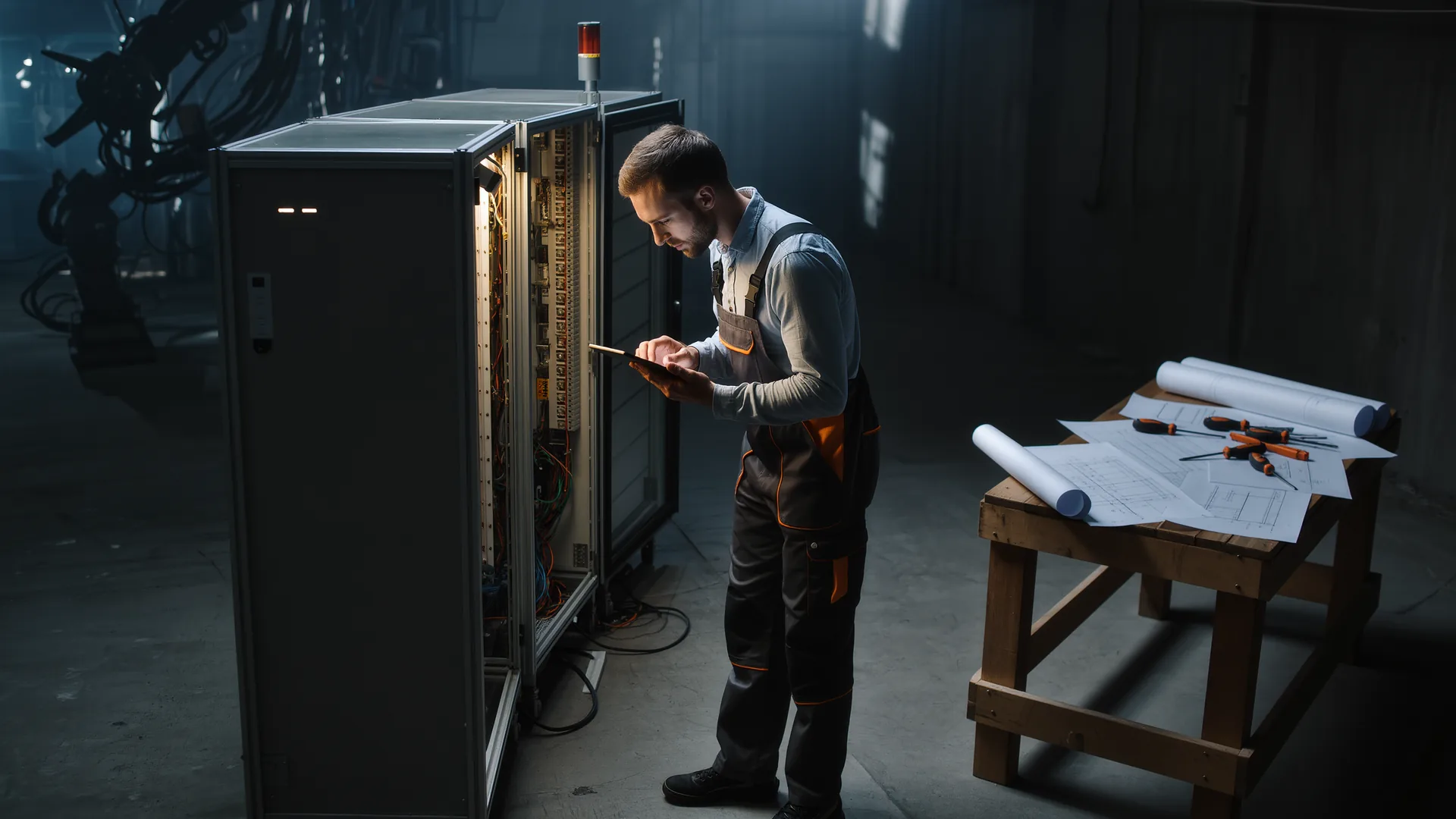 Engineer with a tablet inspecting a robot cell control cabinet