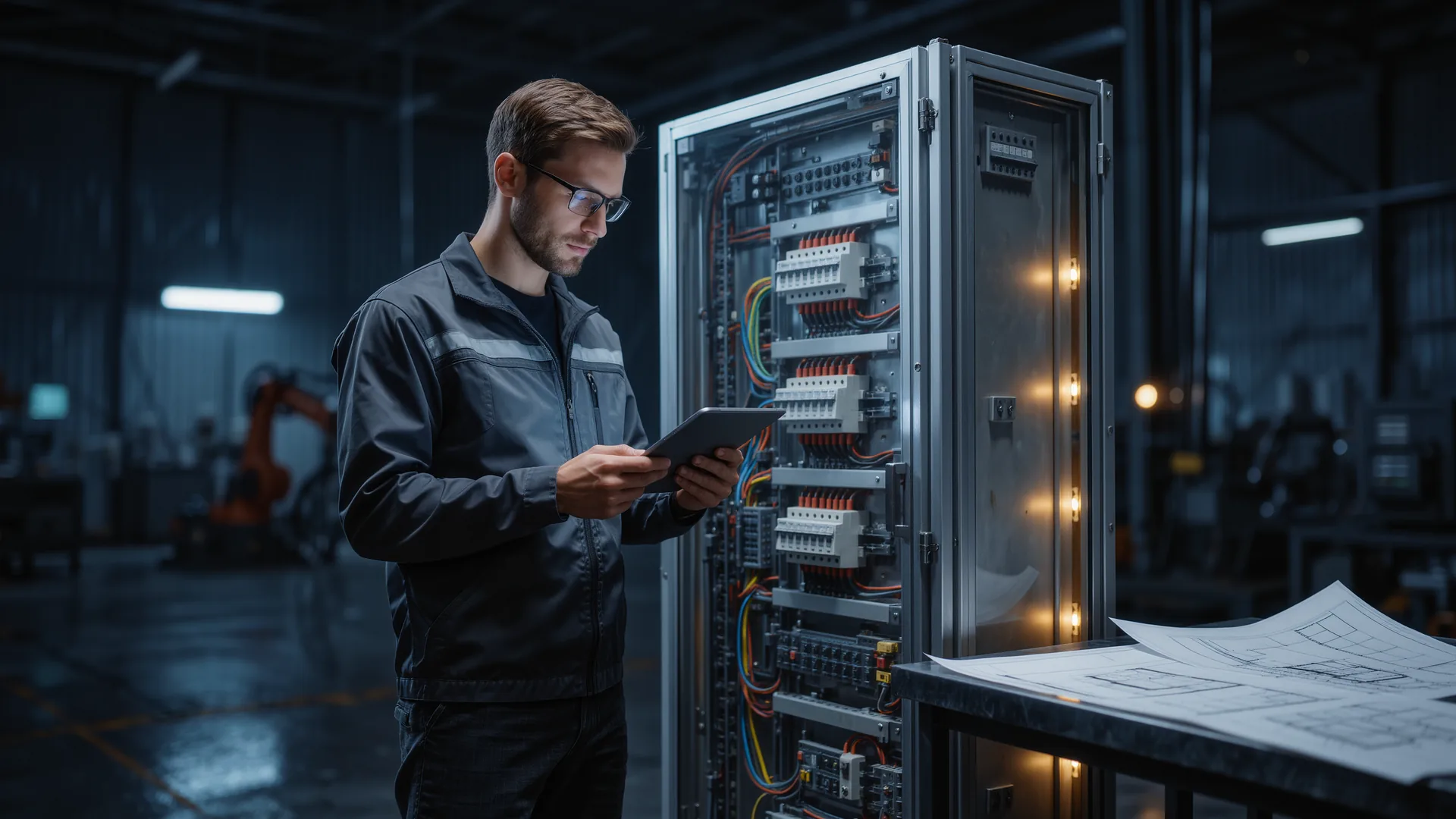Engineer with a tablet inspecting a robot cell control cabinet