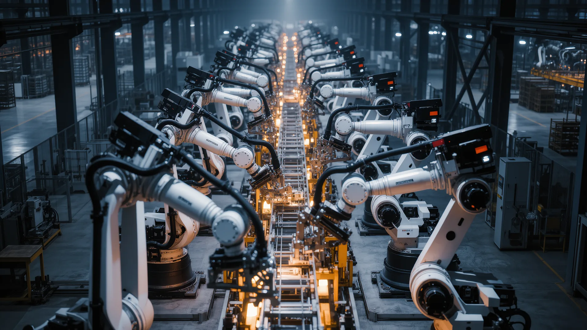 Elevated view of an automated factory floor with many robot arms on a line