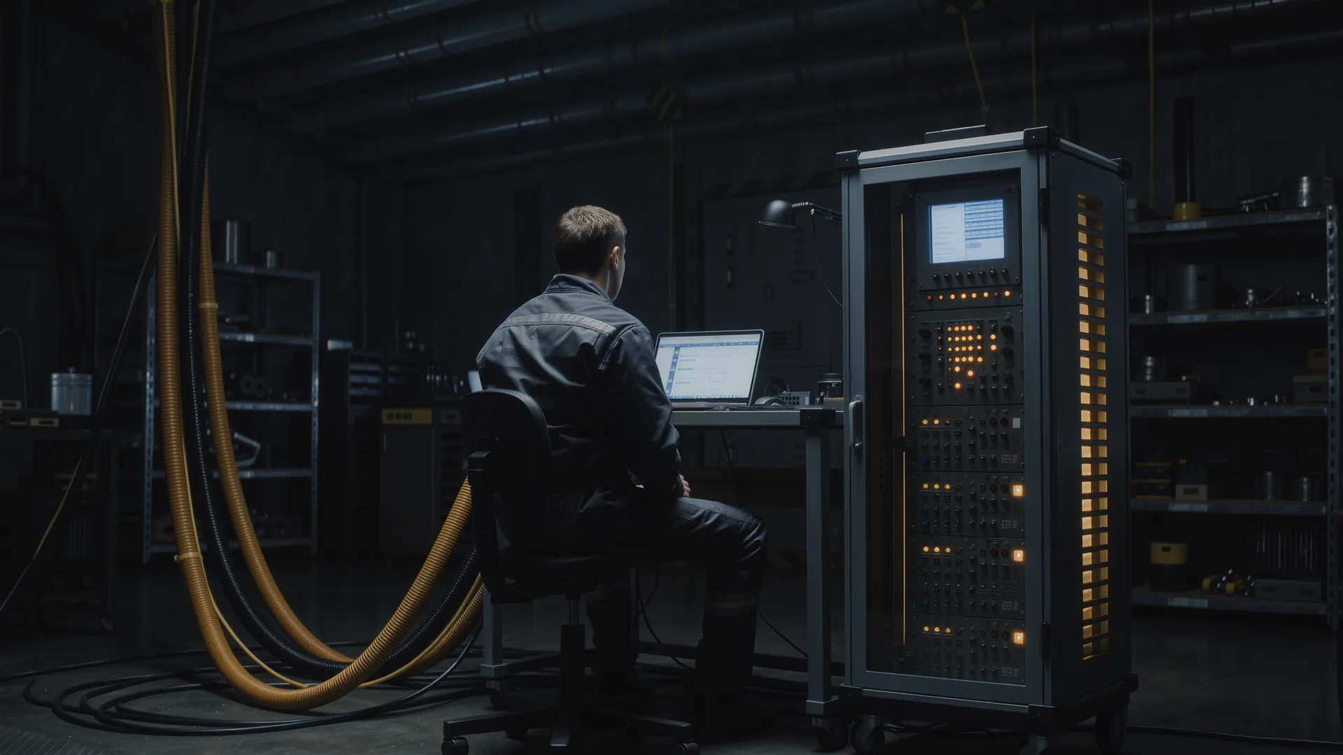 Engineer at a laptop beside a robot controller cabinet with cable looms