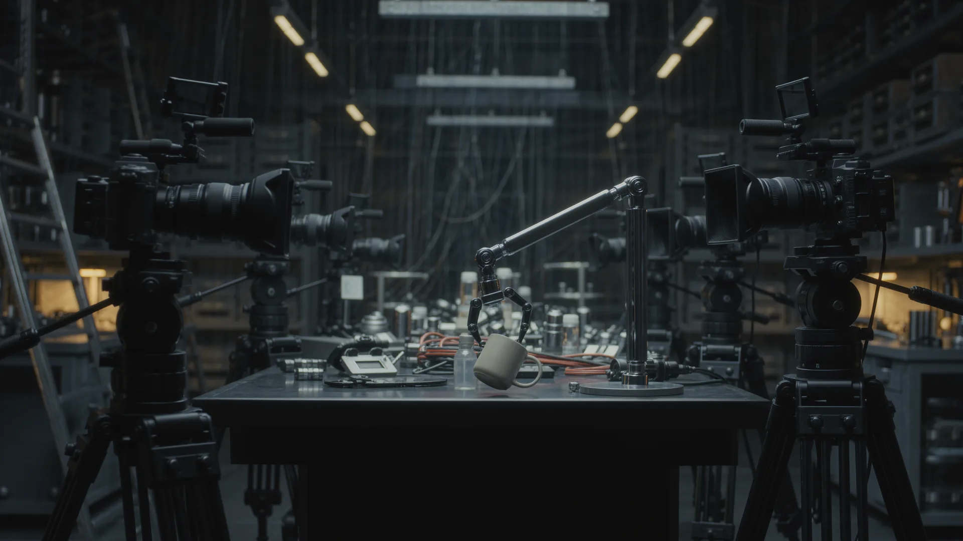 Robot arm gripping an object on a table surrounded by camera rigs