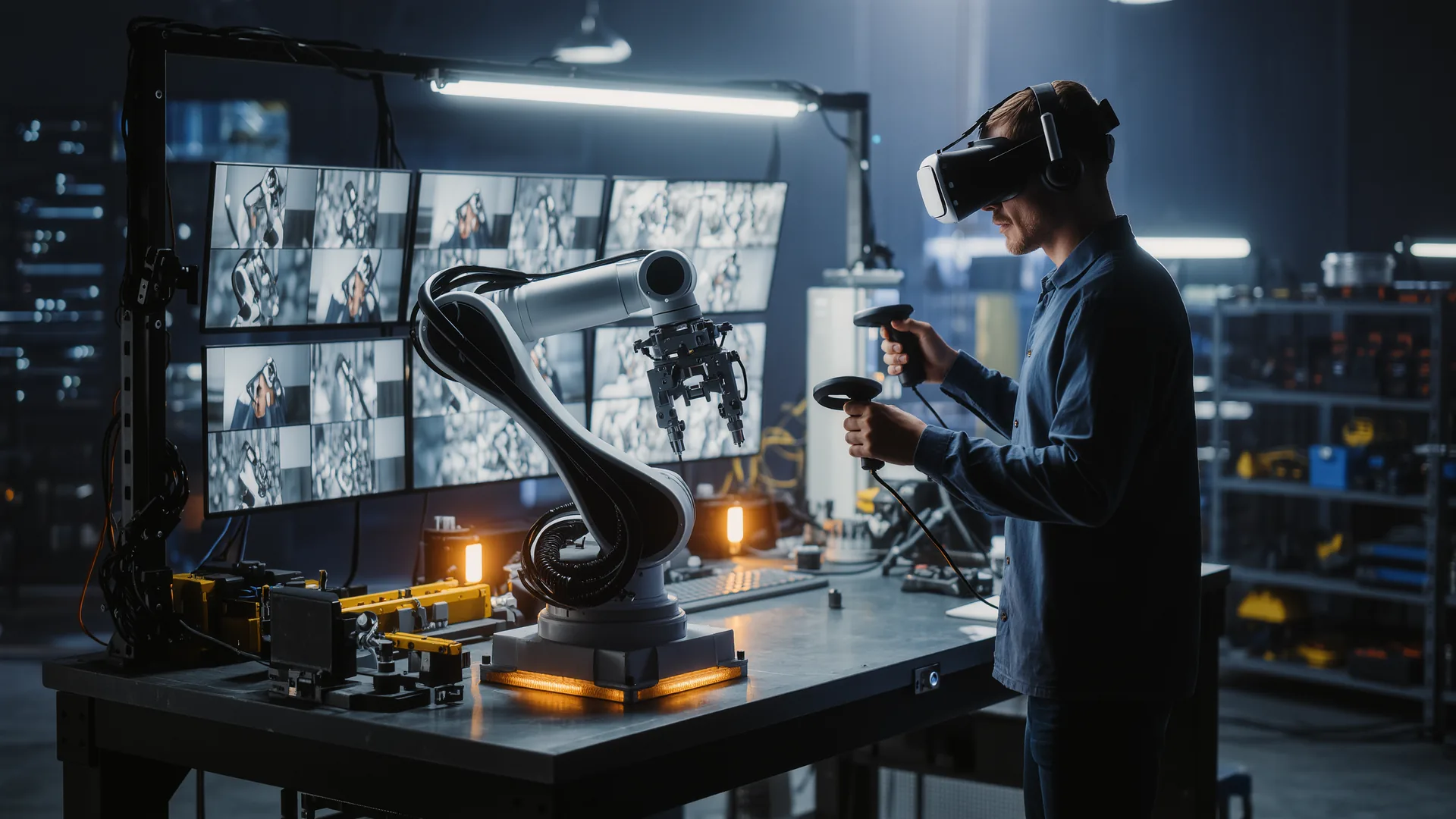 Operator in a virtual reality headset guiding a robot arm across a workbench