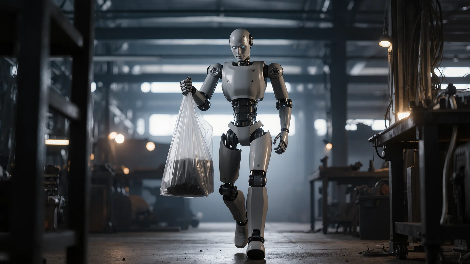 Humanoid robot standing in an industrial workspace holding a tote