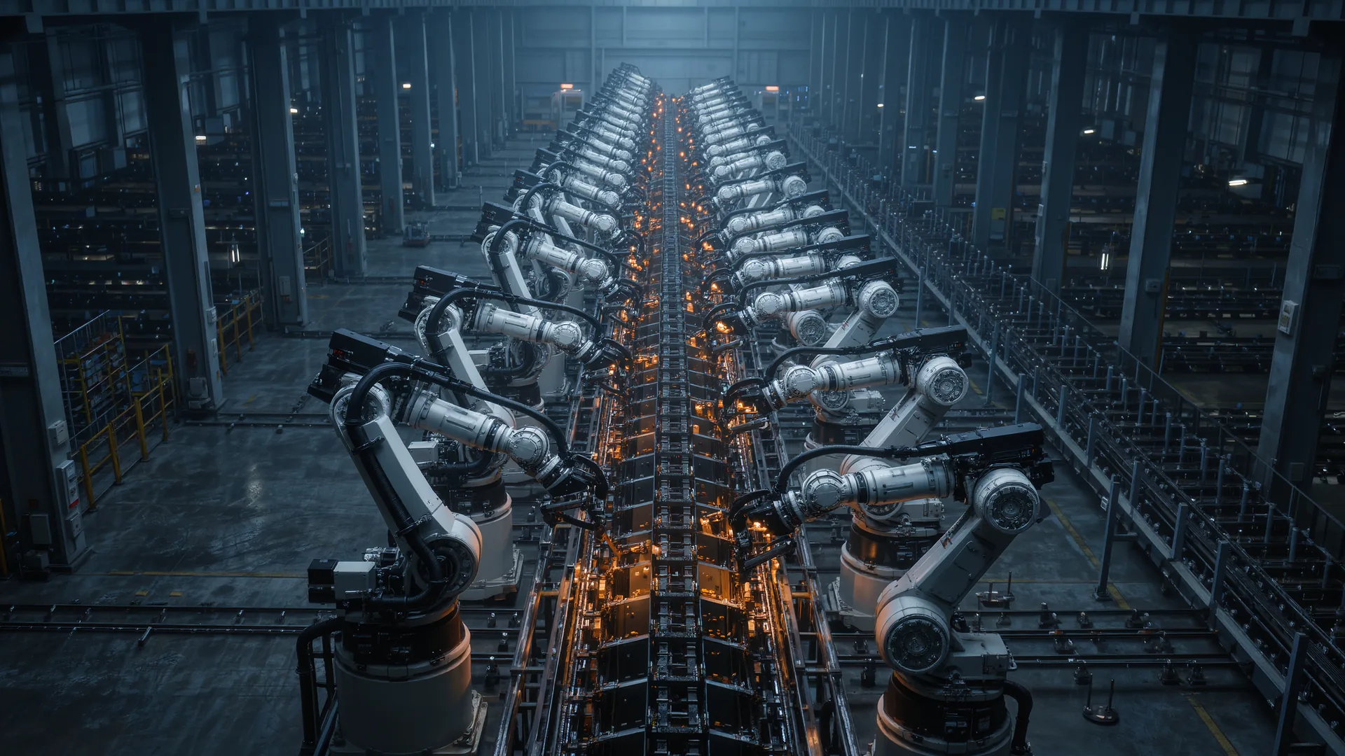 Elevated view of an automated factory floor with many robot arms on a line