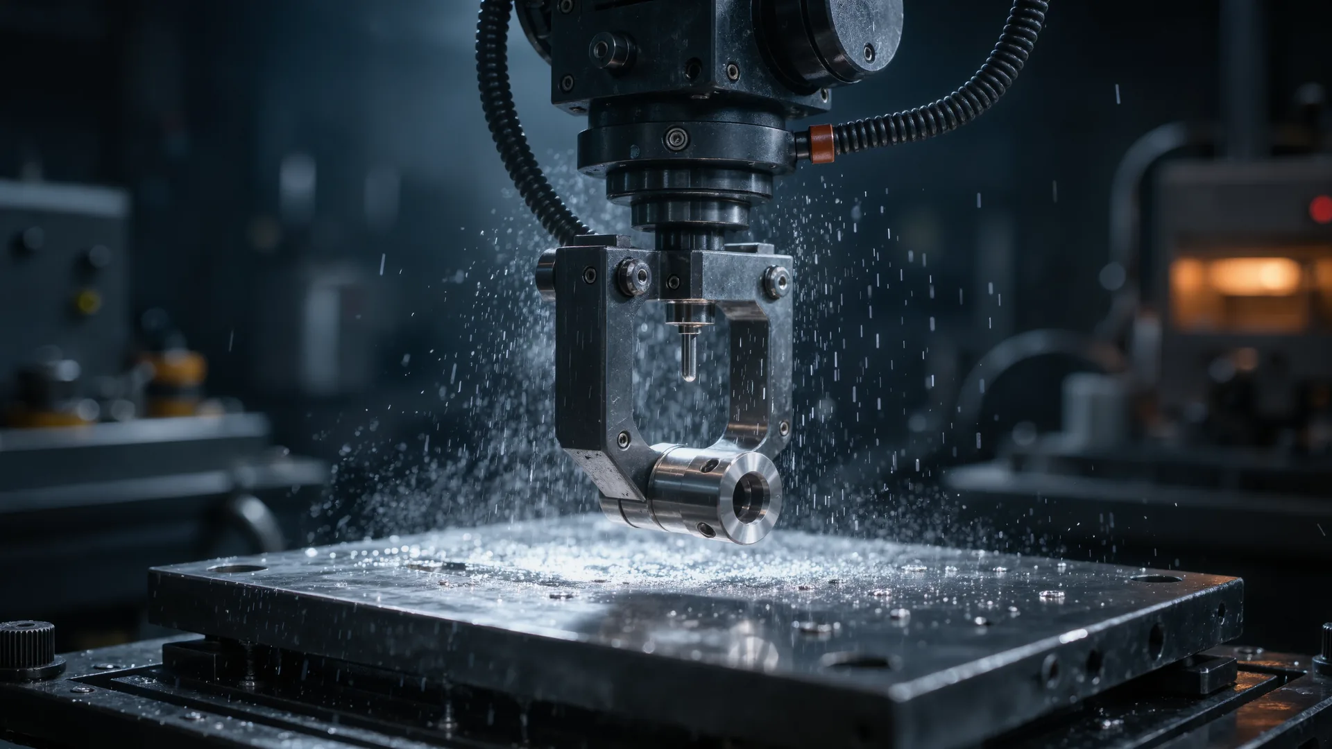 Industrial robot wrist and gripper holding a machined metal part above a machine table