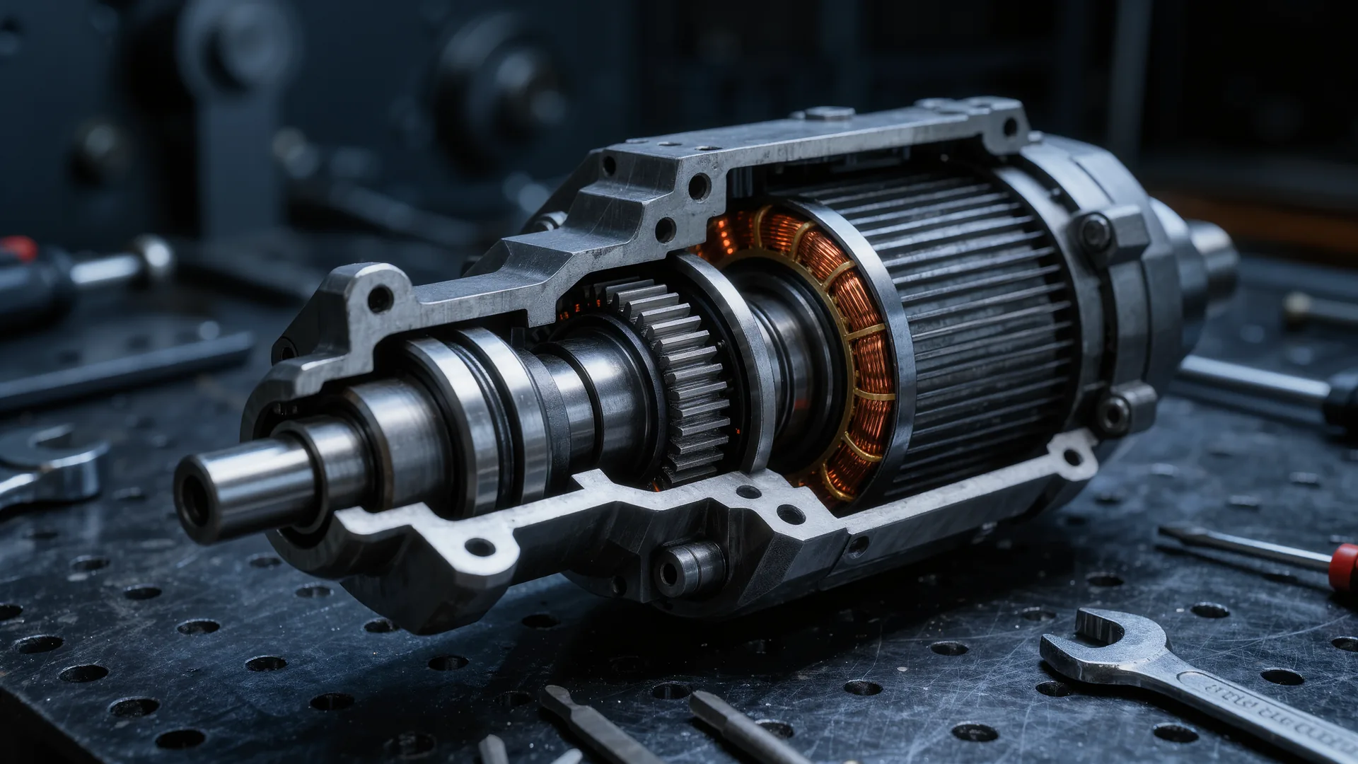 Robot joint module opened up to show gearbox, motor and bearing stack