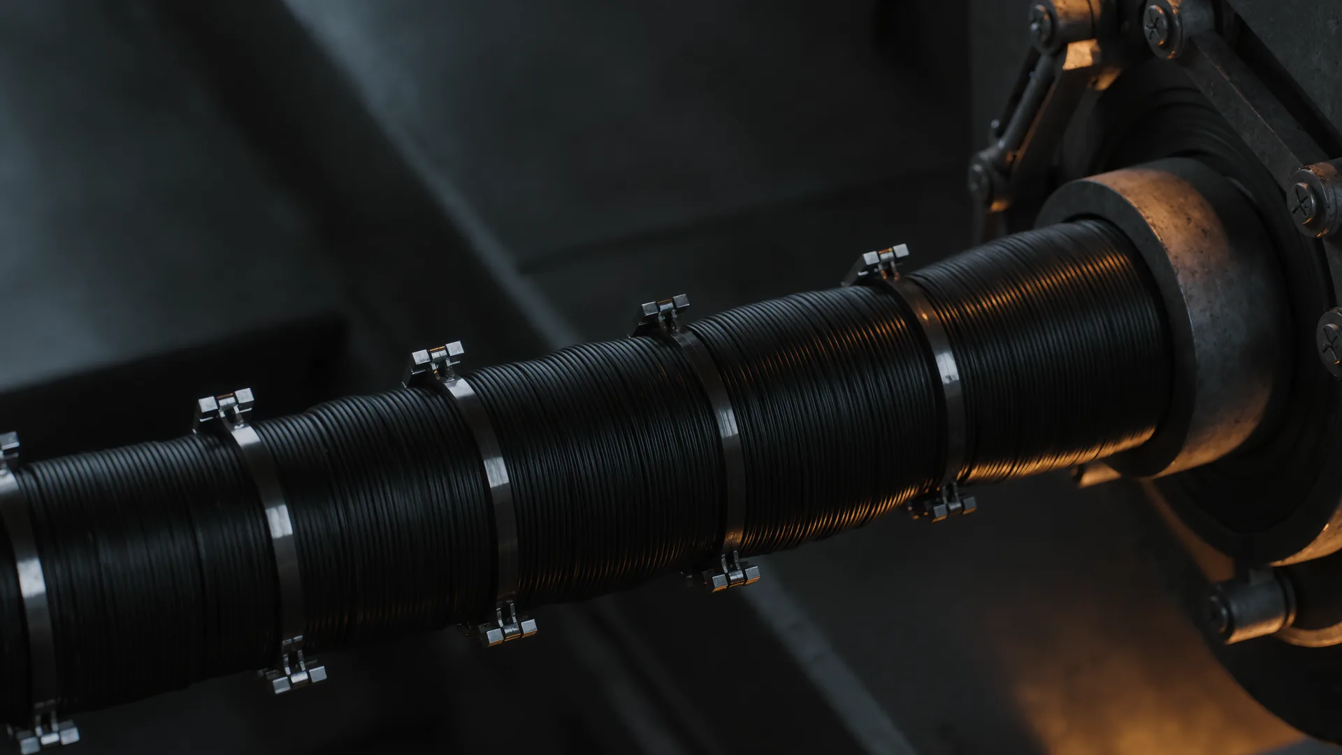 Cable dress pack running along a robot forearm and around the wrist joint