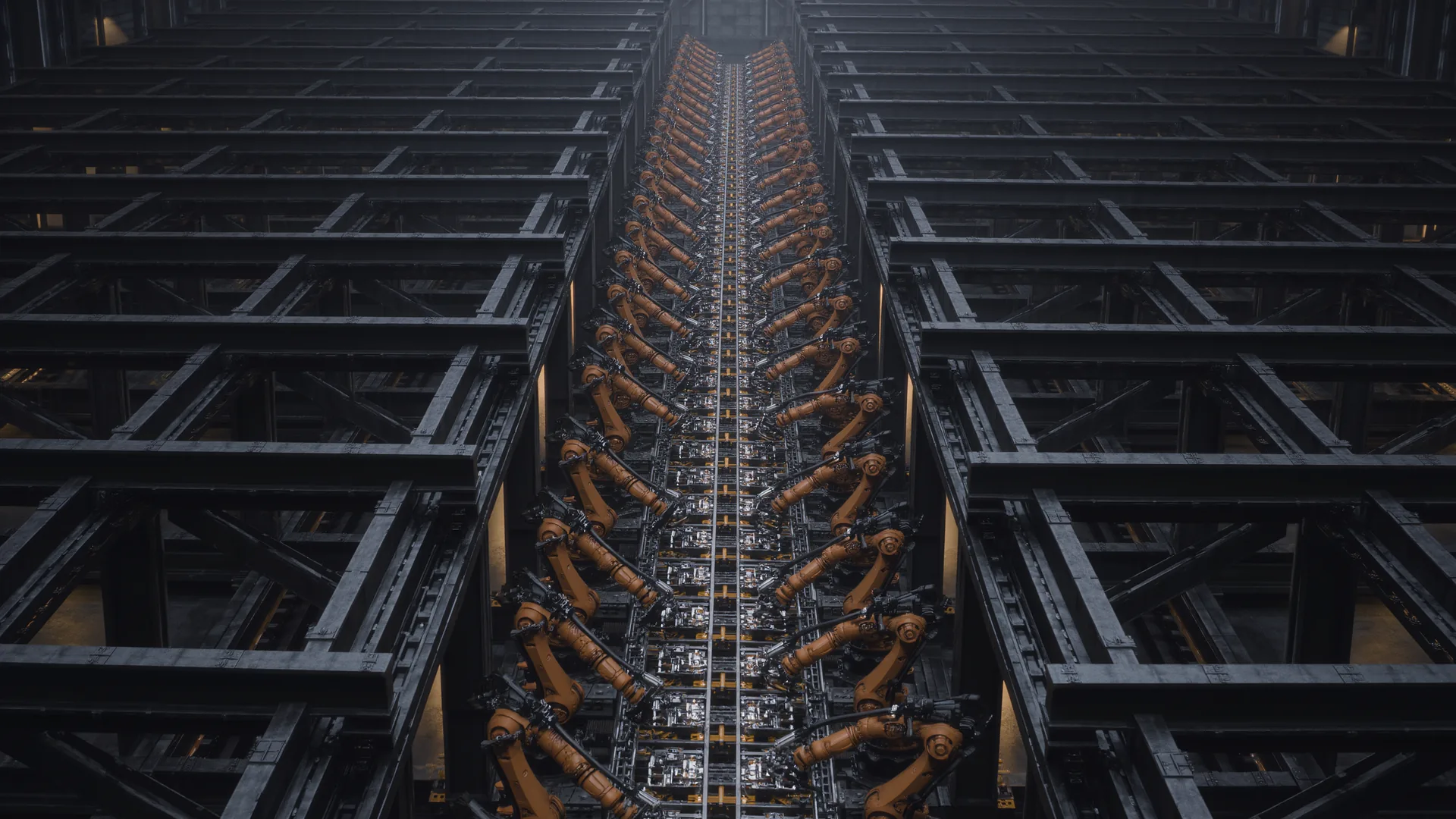 Elevated view of an automated factory floor with many robot arms on a line