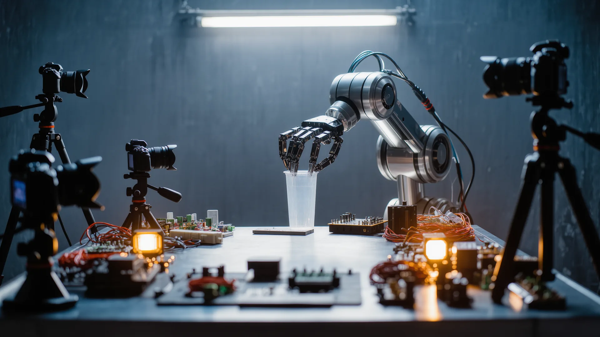 Robot arm gripping an object on a table surrounded by camera rigs