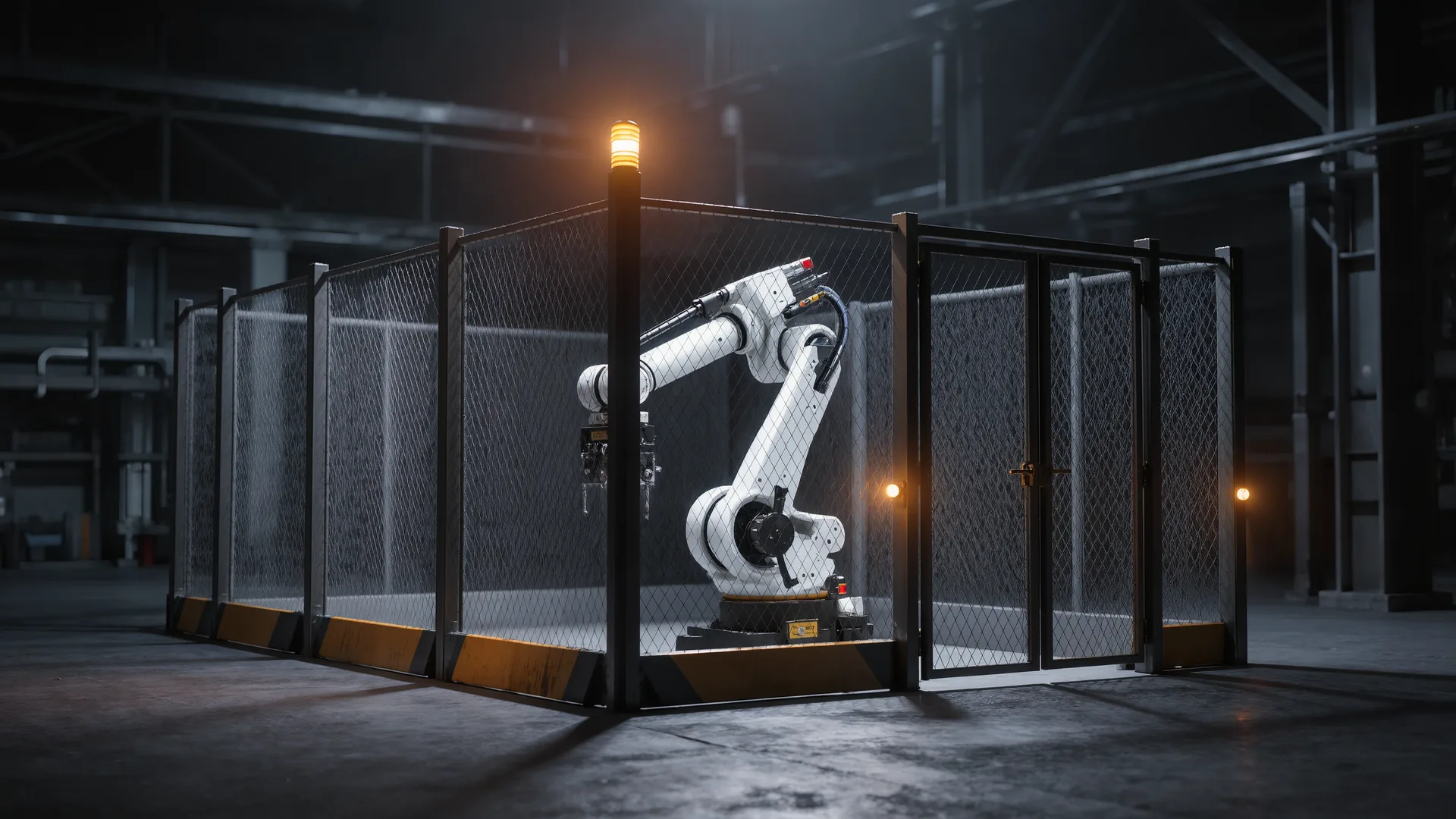 Robot cell perimeter with mesh fencing, interlocked door and warning beacon