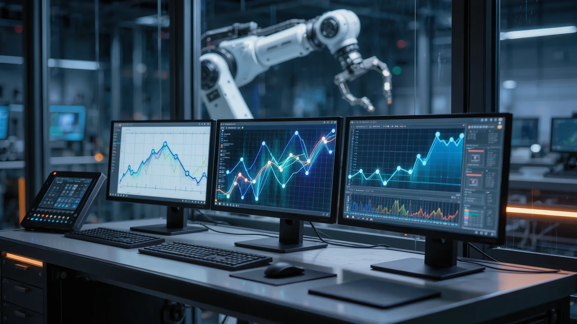 Engineering workstation in a robot cell with monitors showing motion data