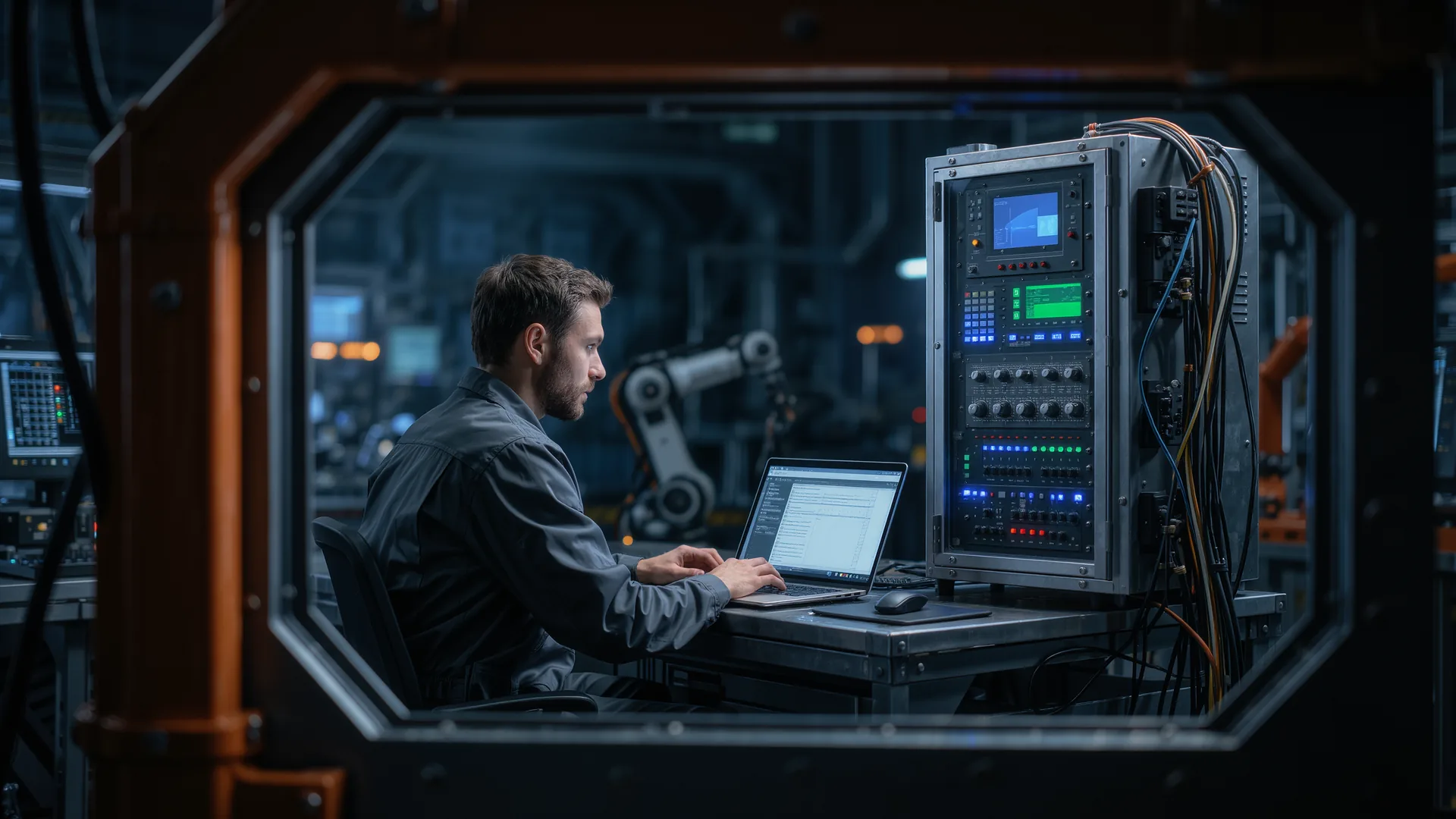 Engineer at a laptop beside a robot controller cabinet with cable looms
