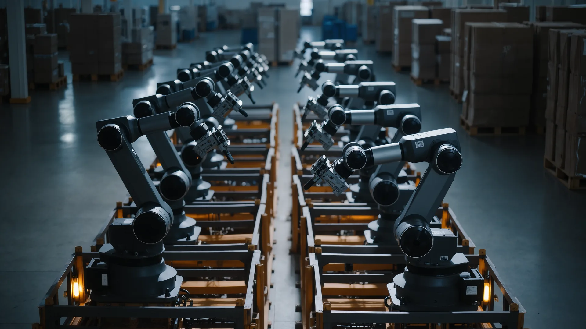 Row of new industrial robot arms in shipping cradles inside a warehouse