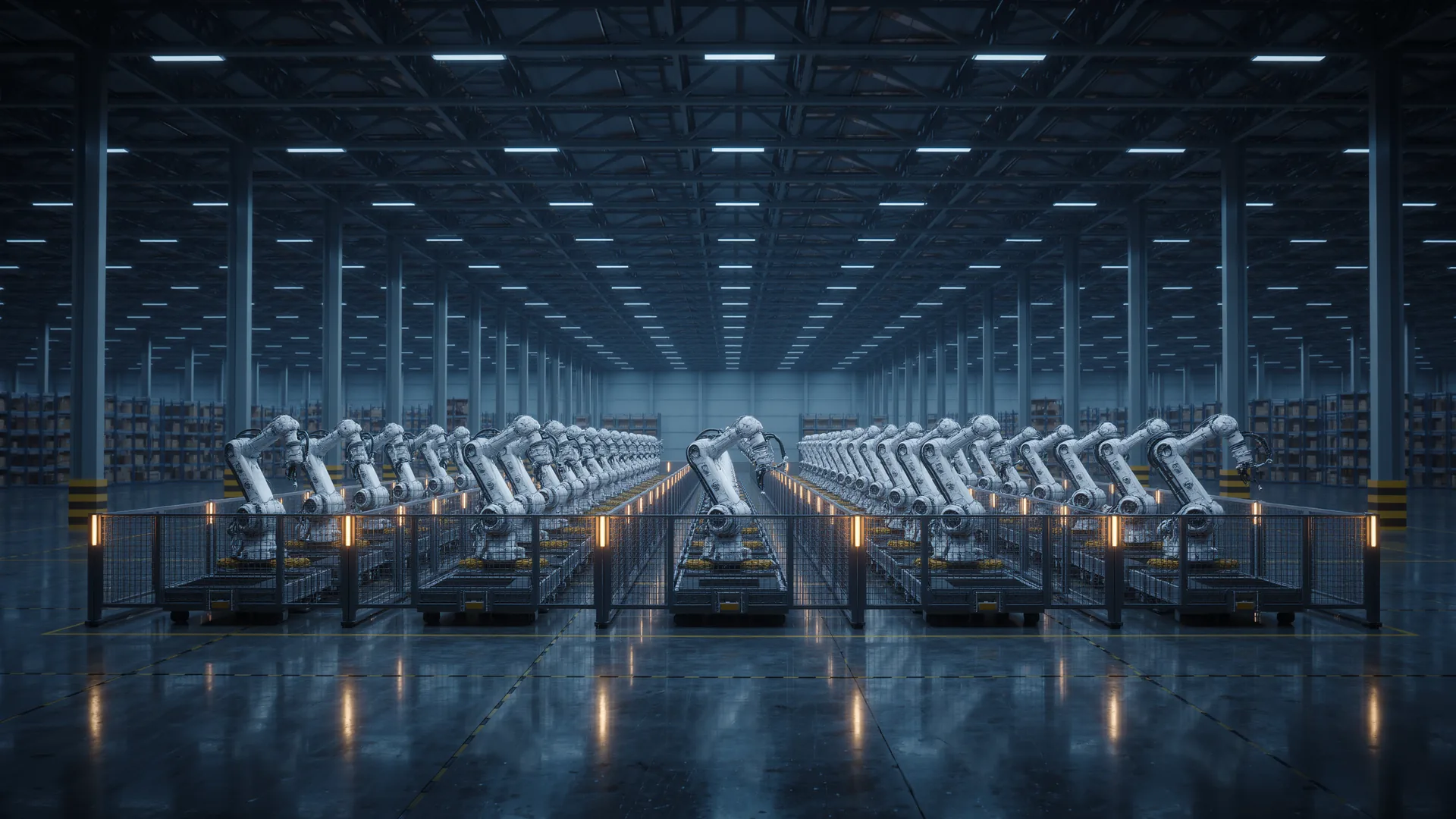 Row of new industrial robot arms in shipping cradles inside a warehouse
