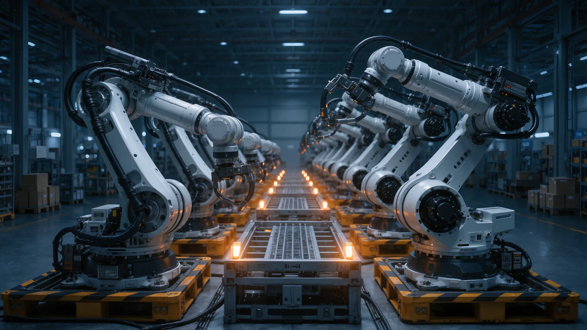Row of new industrial robot arms in shipping cradles inside a warehouse