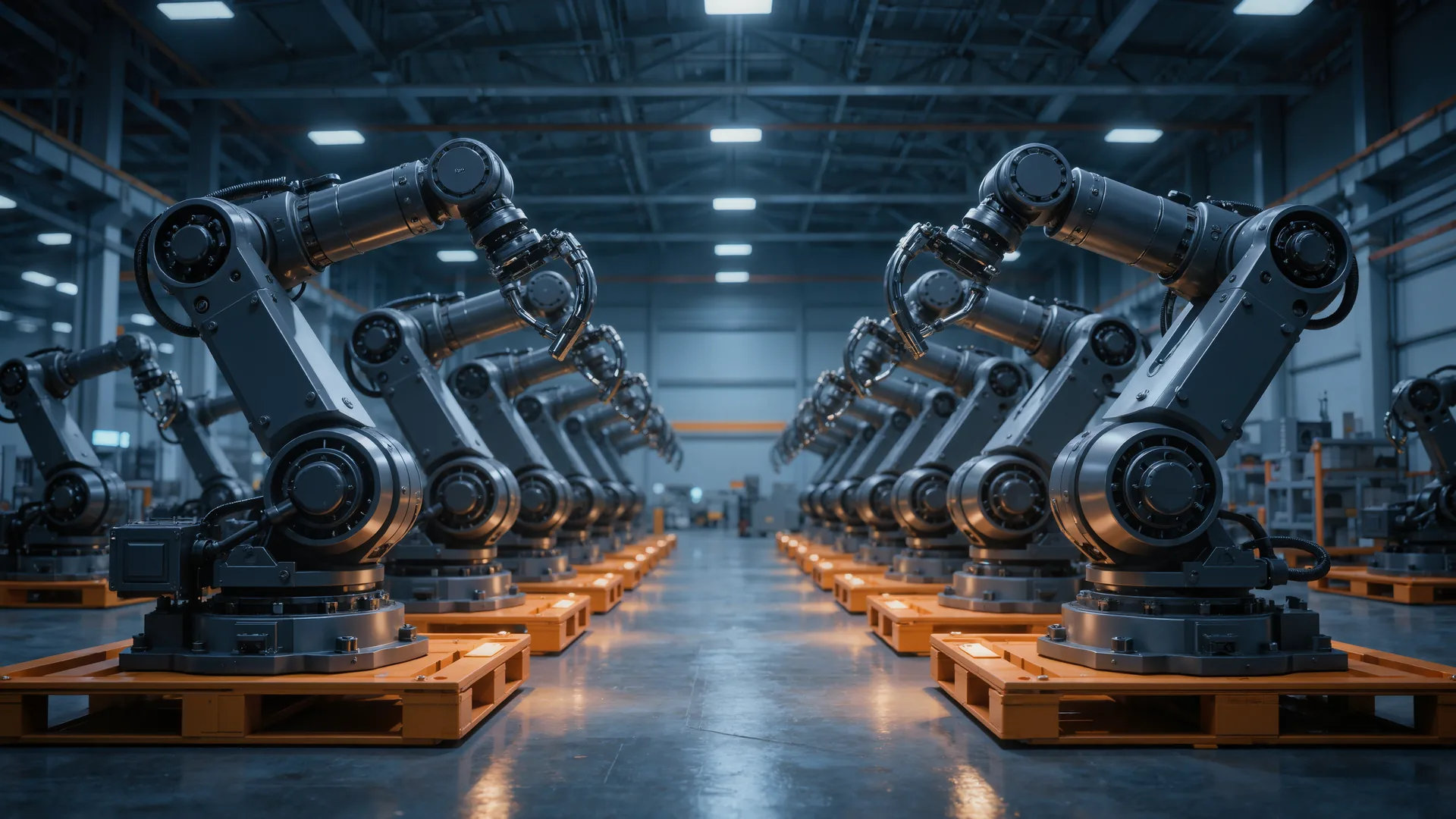 Row of new industrial robot arms in shipping cradles inside a warehouse