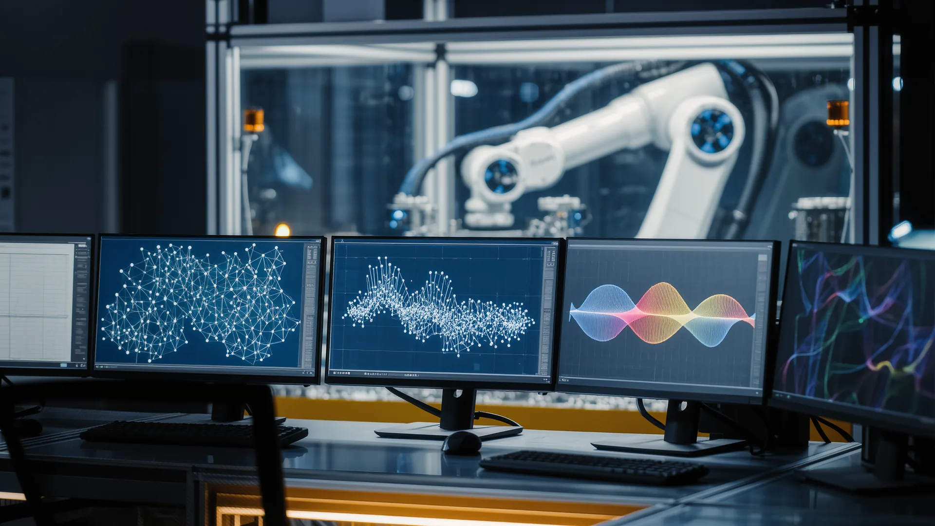 Engineering workstation in a robot cell with monitors showing motion data