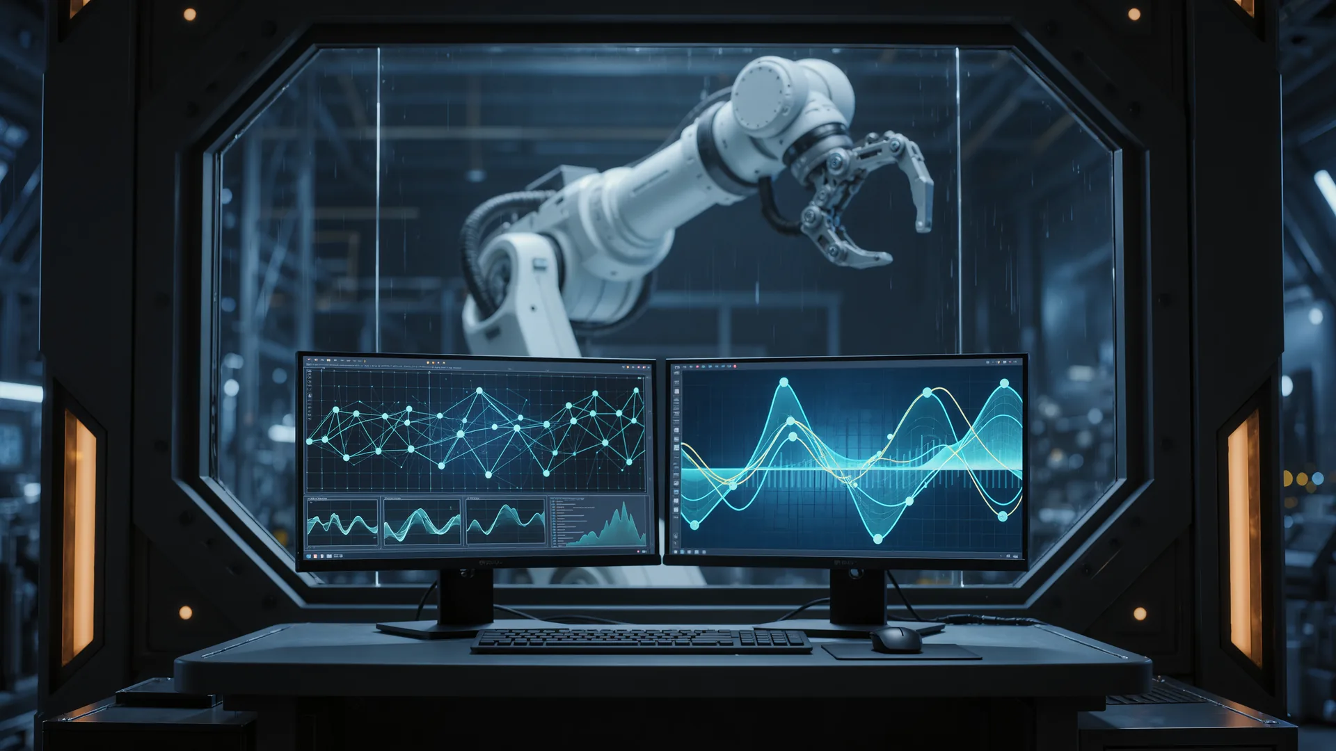 Engineering workstation in a robot cell with monitors showing motion data