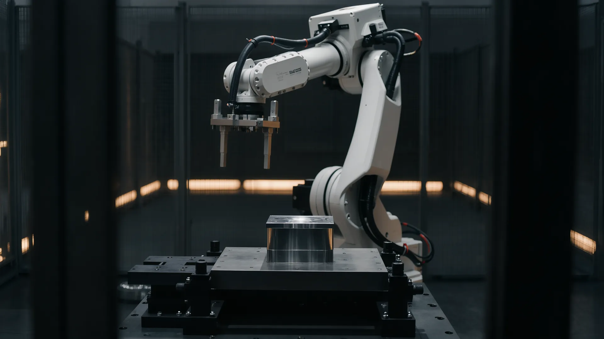 Six-axis industrial robot arm in motion inside a guarded manufacturing cell