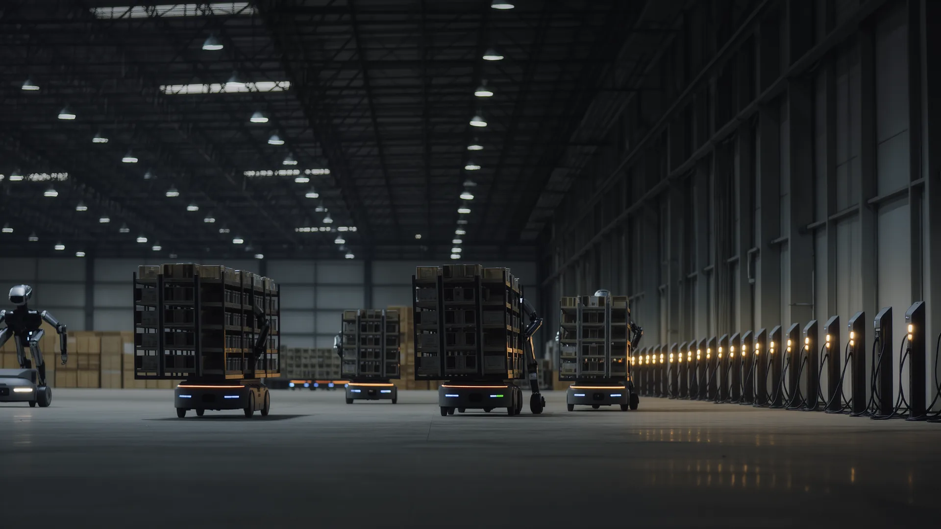 Several mobile robots moving shelf units across a warehouse floor