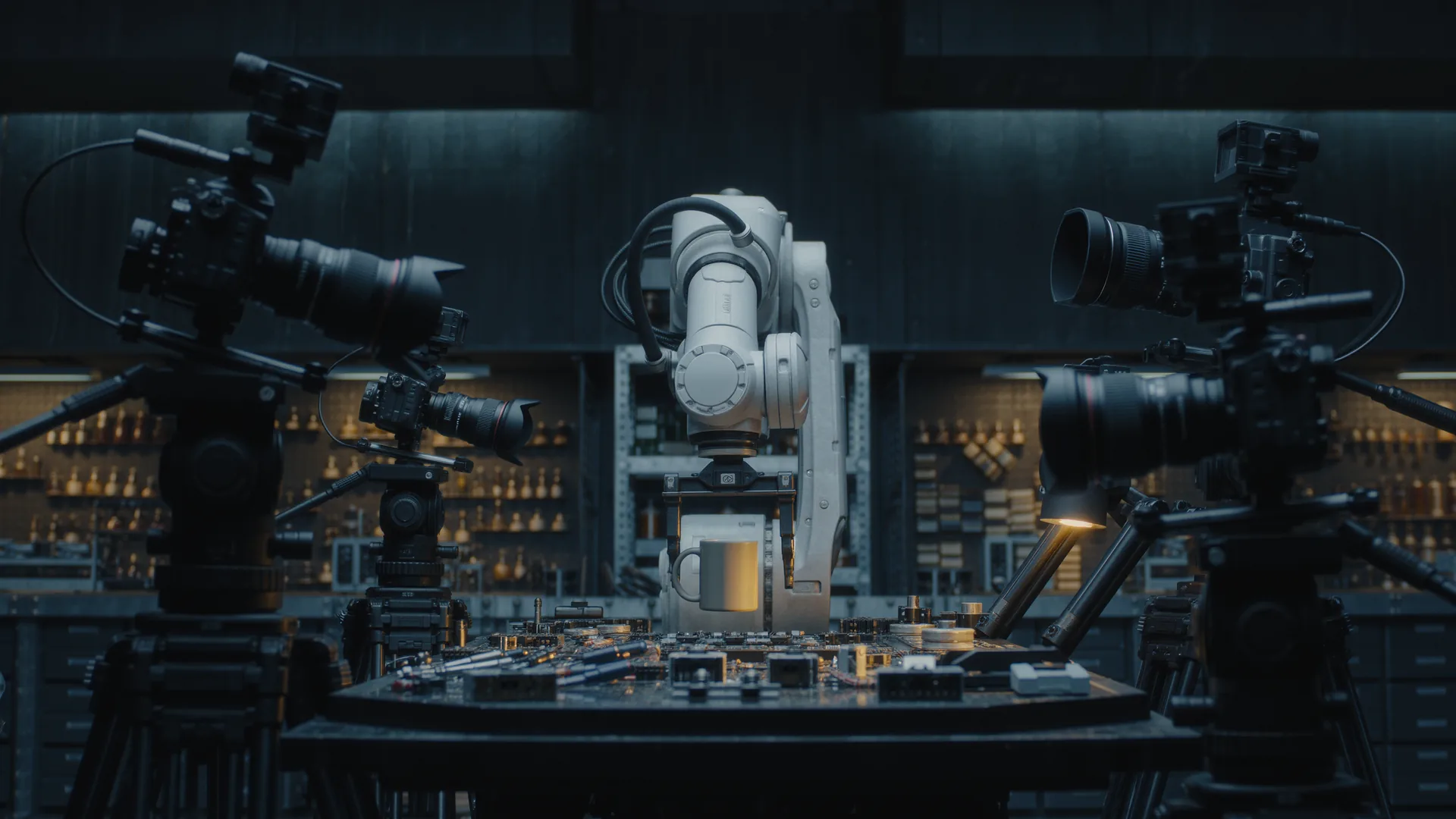 Robot arm gripping an object on a table surrounded by camera rigs