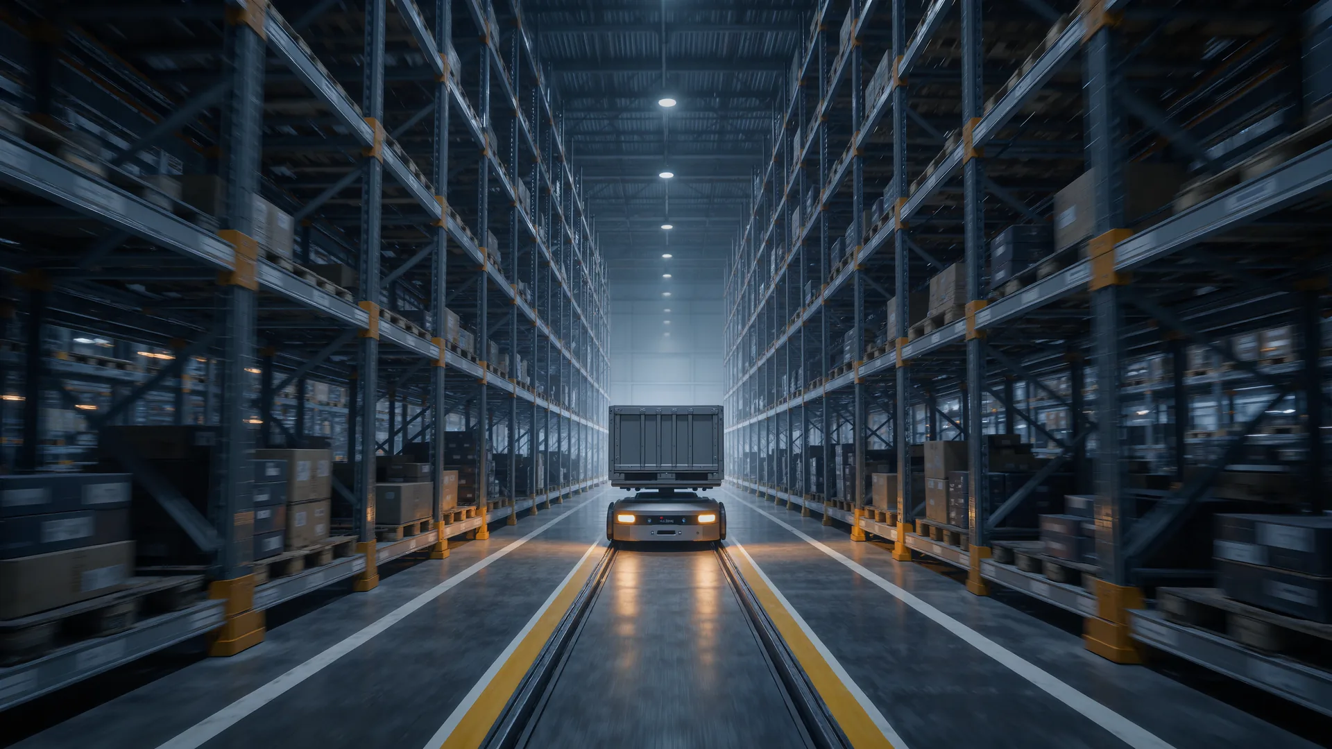 Autonomous mobile robot carrying a load along a warehouse aisle