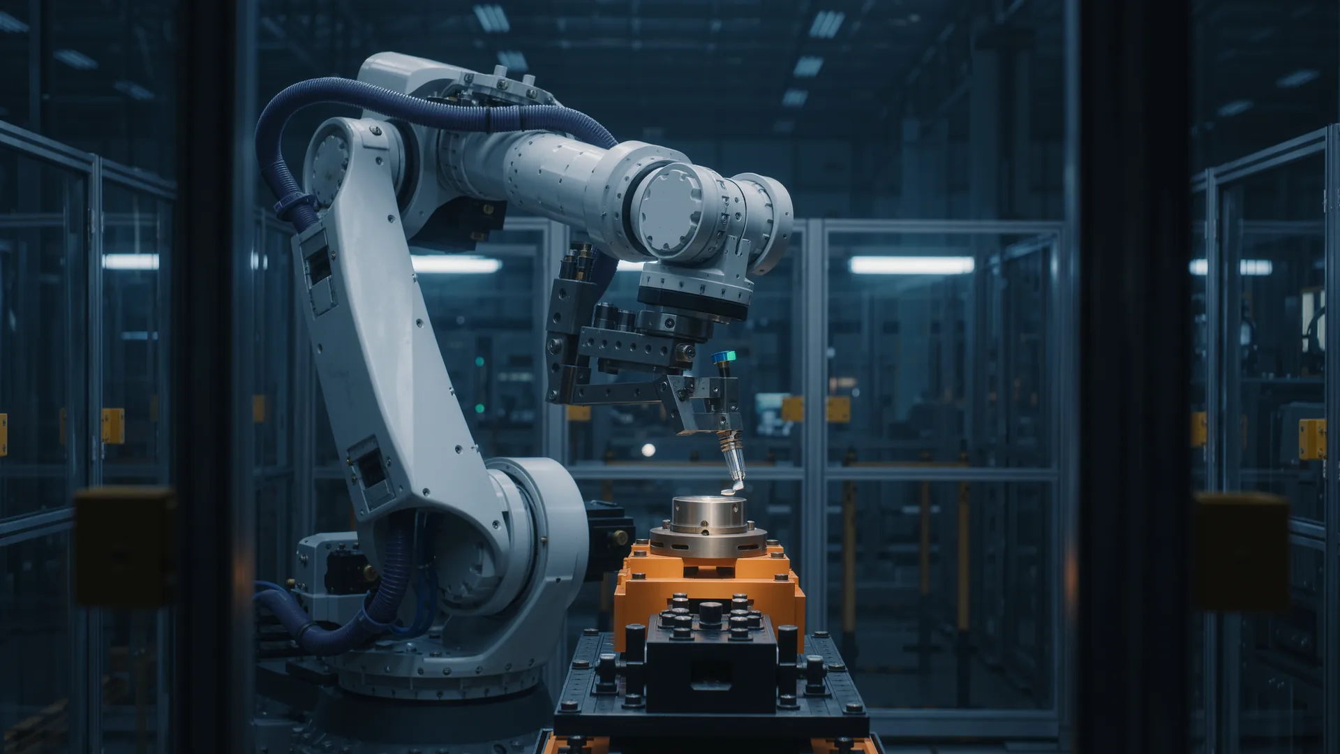 Six-axis industrial robot arm in motion inside a guarded manufacturing cell