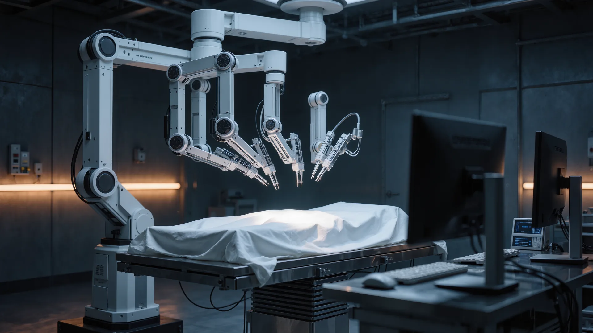Robotic surgical system with several arms positioned over an operating table
