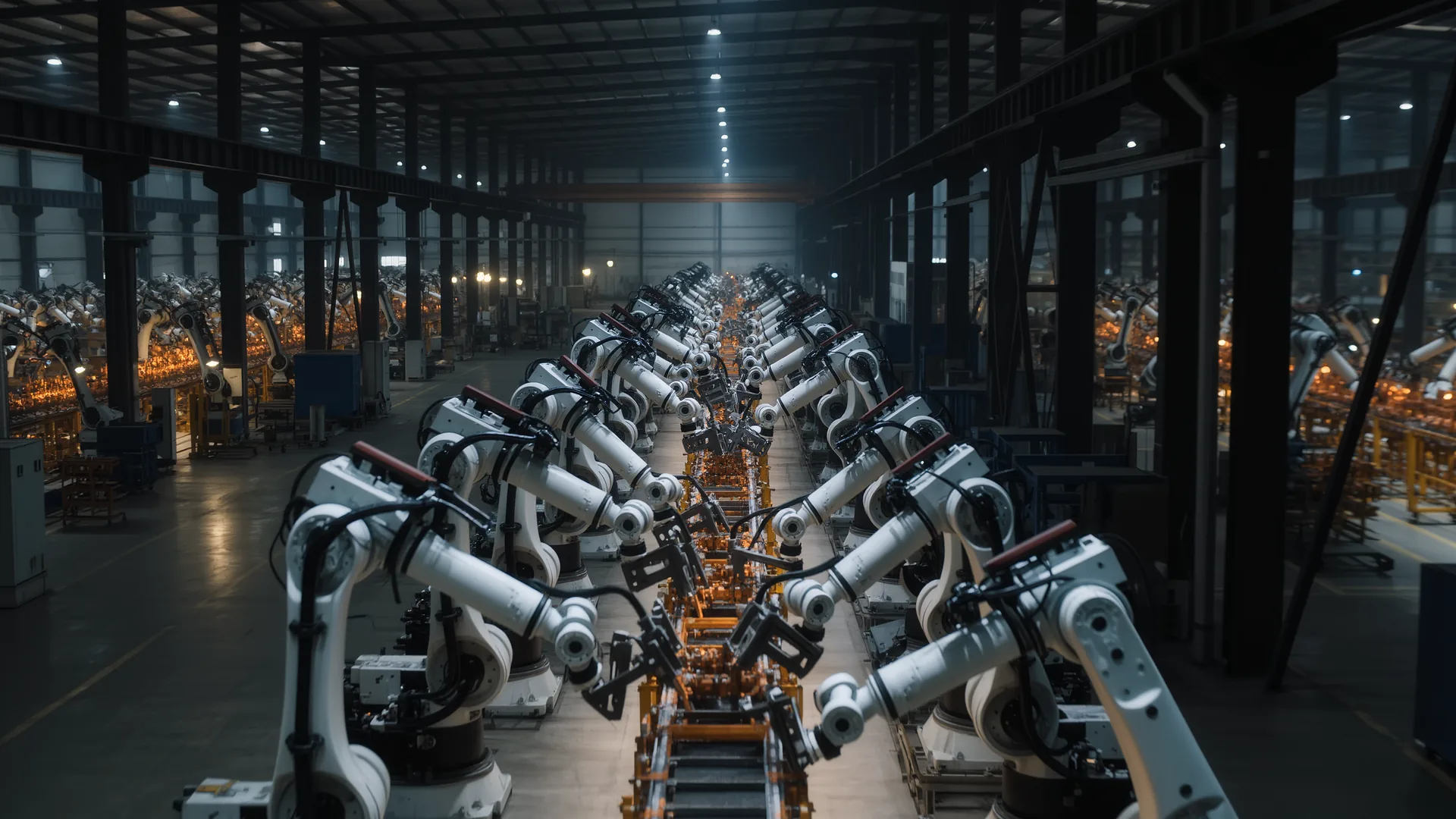 Elevated view of an automated factory floor with many robot arms on a line