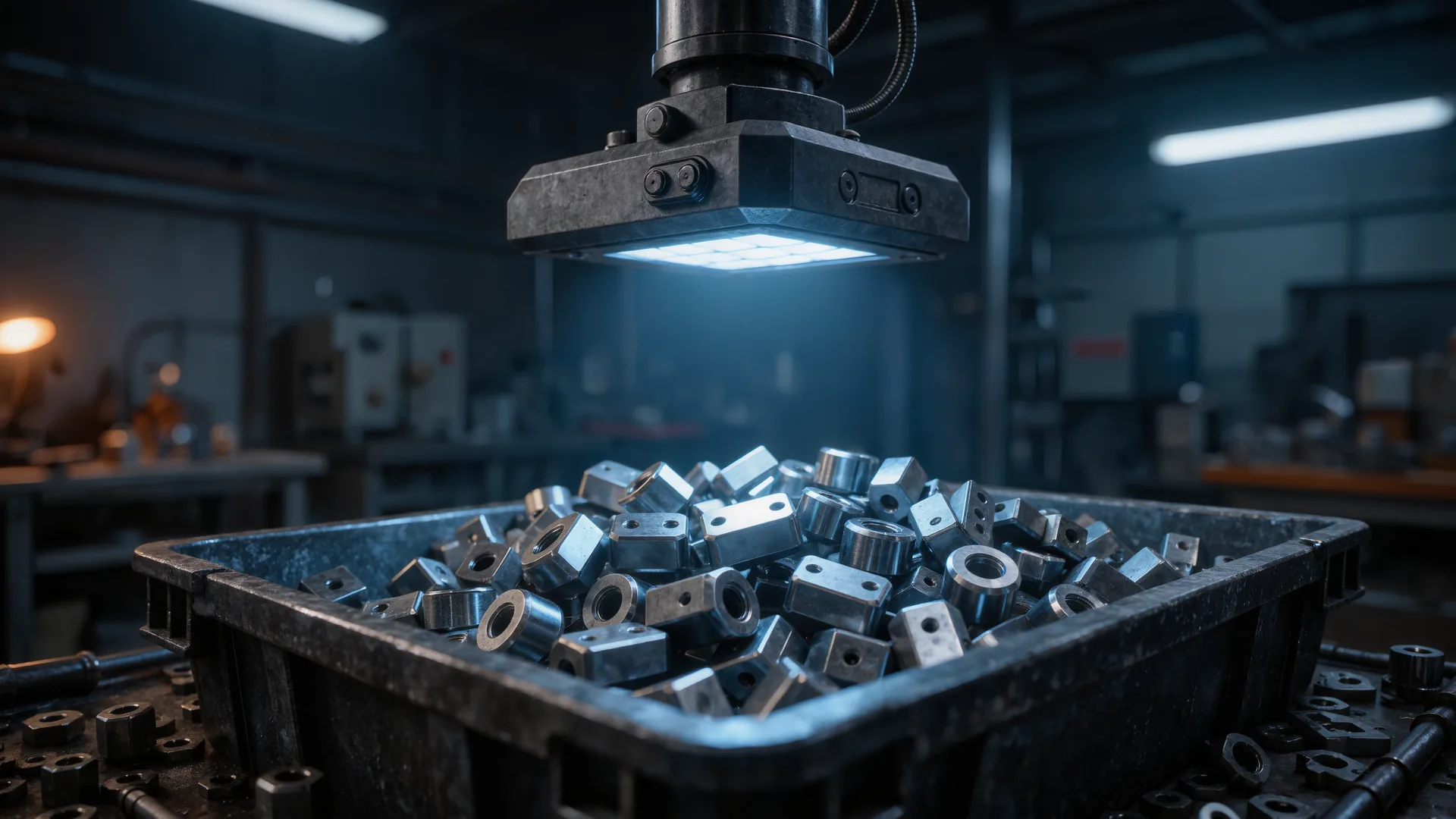 Three-dimensional sensor mounted above a bin of randomly oriented metal parts