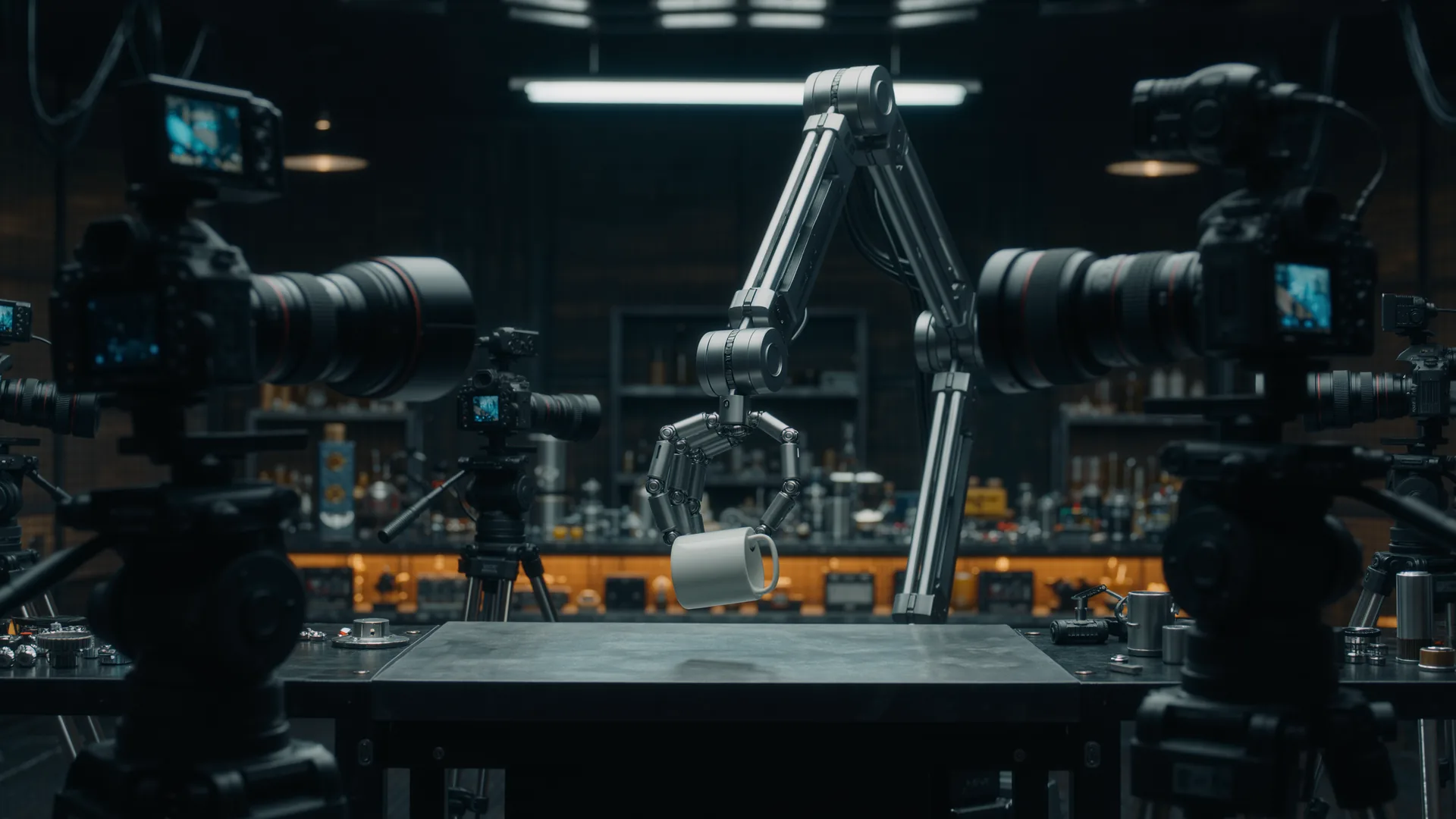 Robot arm gripping an object on a table surrounded by camera rigs