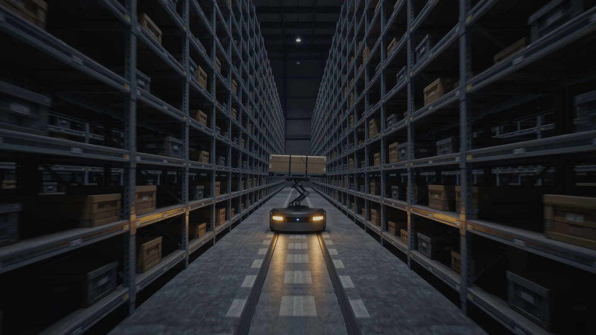 Autonomous mobile robot carrying a load along a warehouse aisle