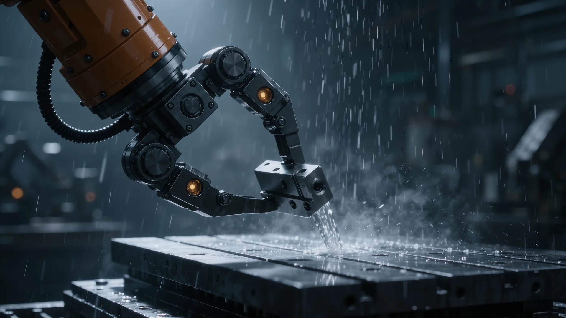 Industrial robot wrist and gripper holding a machined metal part above a machine table